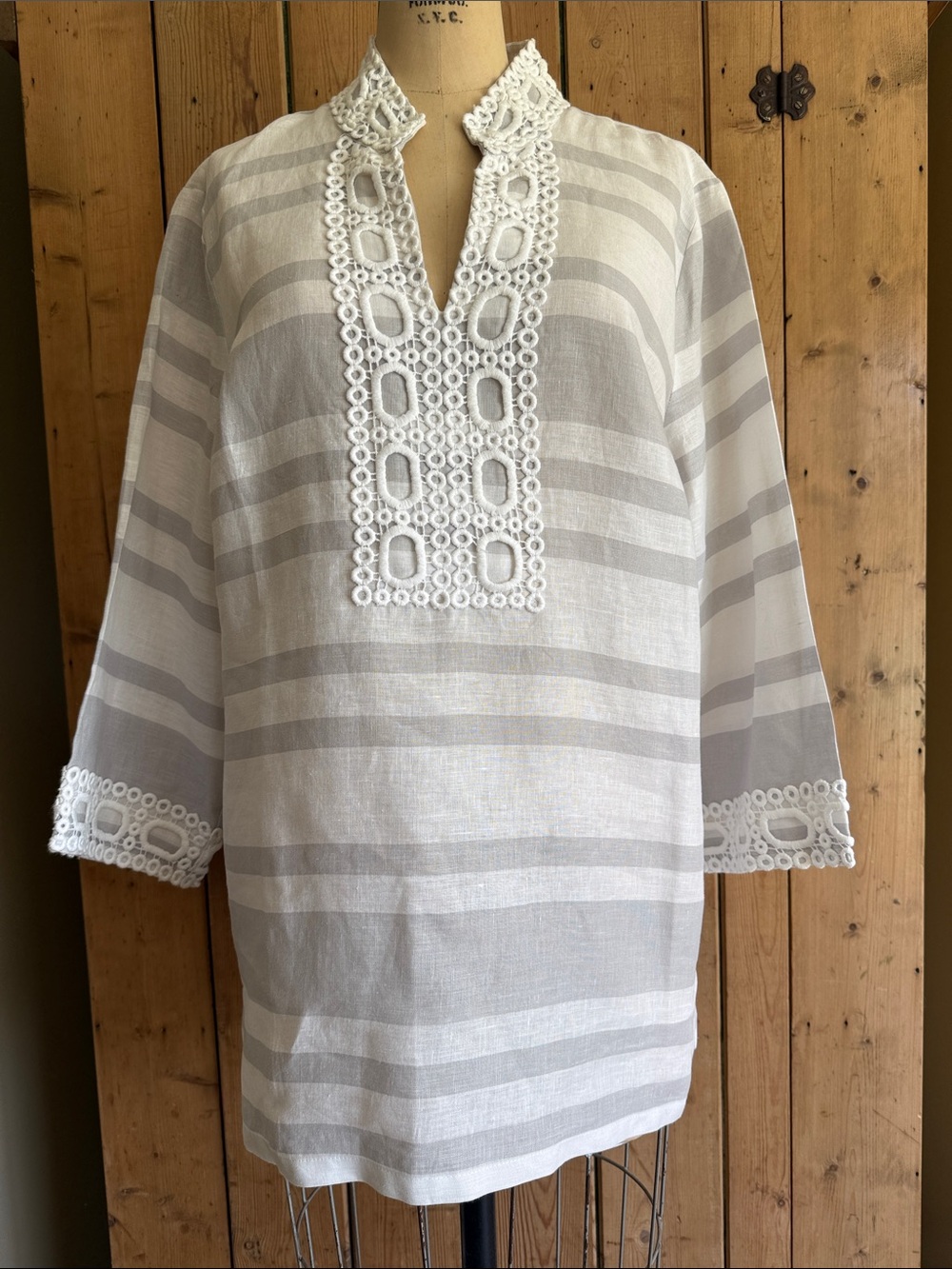 Charter Club Gray and White Striped Linen Top with Eyelet Trim